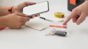 מפתחות רכב עם שלט בשקית שקופה ואדם מצלם אותם בסמארטפון, ליד מחברת ומטר
